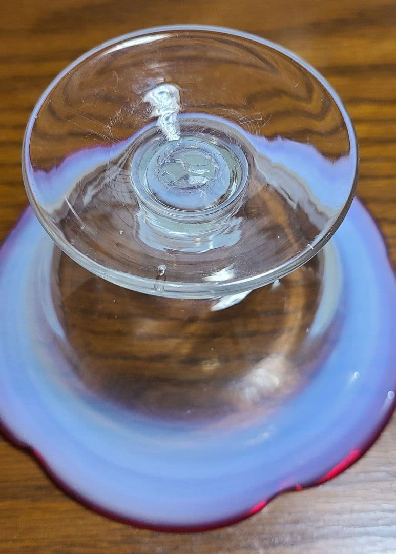 アンティーク　大正～昭和　乳白色　氷グラス　赤/青暈し　吹きガラス