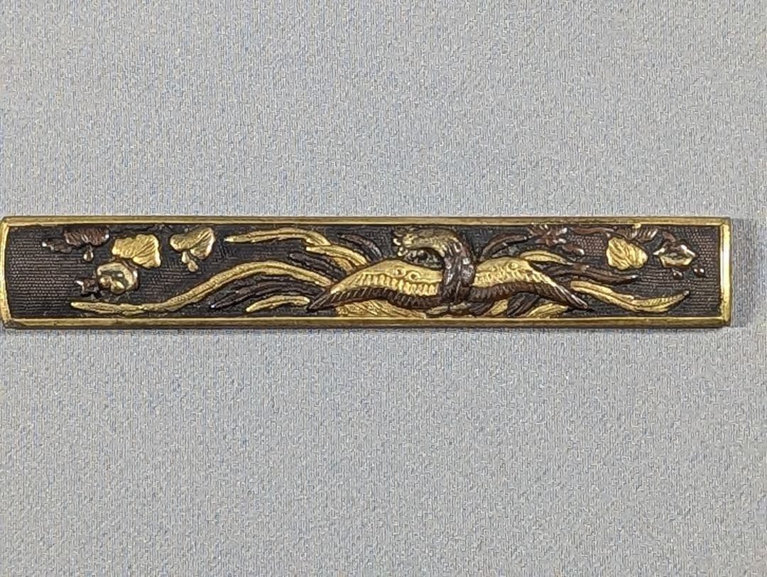 刀装具 小柄 柄袋 桐鳳凰図 象嵌 赤銅魚子地 骨董