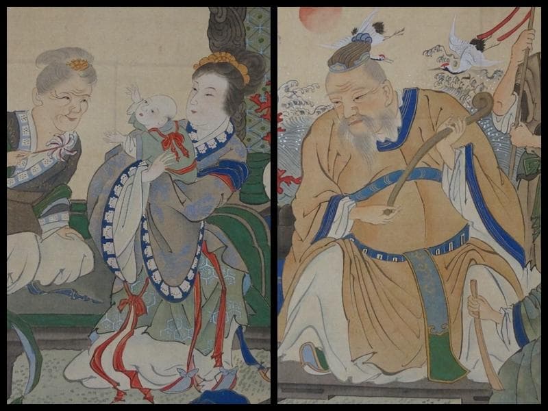 江戸中期絵師 南蘋派 岡岷山作『郭子儀図』絹本大型掛軸 真作 箱付 中国画