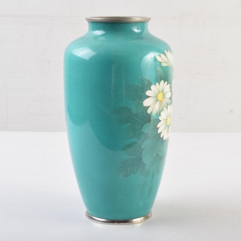 七宝焼　青釉　花文　花瓶　V　8999