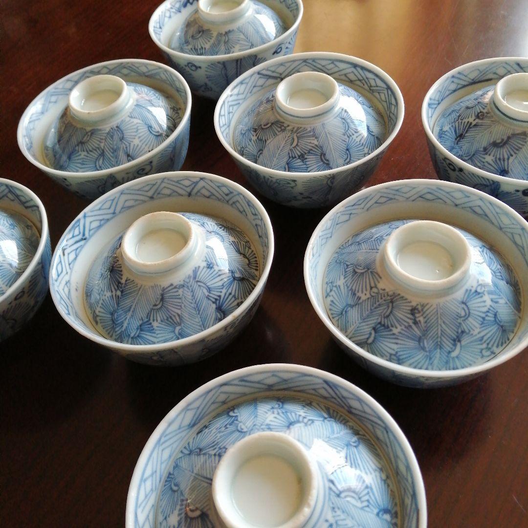 古伊万里　染付線描蓋茶碗　8客　10.5cm　江戸後期～幕末