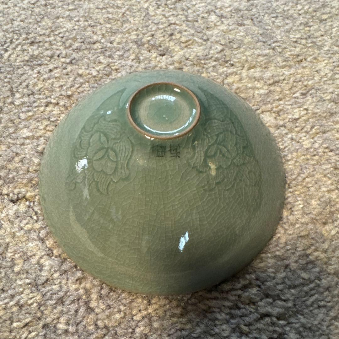緑色 鶴模様 茶碗