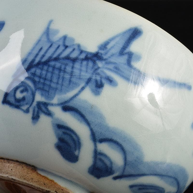 茶道具　古染付　魚波文 　煎茶碗　仕覆付　 表千家碌々斎極め箱　M　R7060