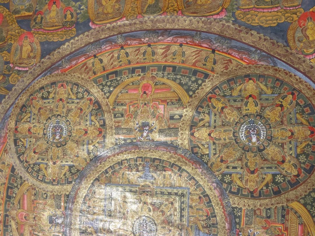 大サイズ　希少　肉筆　タンカ　チベット　黒兼彩　金彩　まくり　※説明必読願います