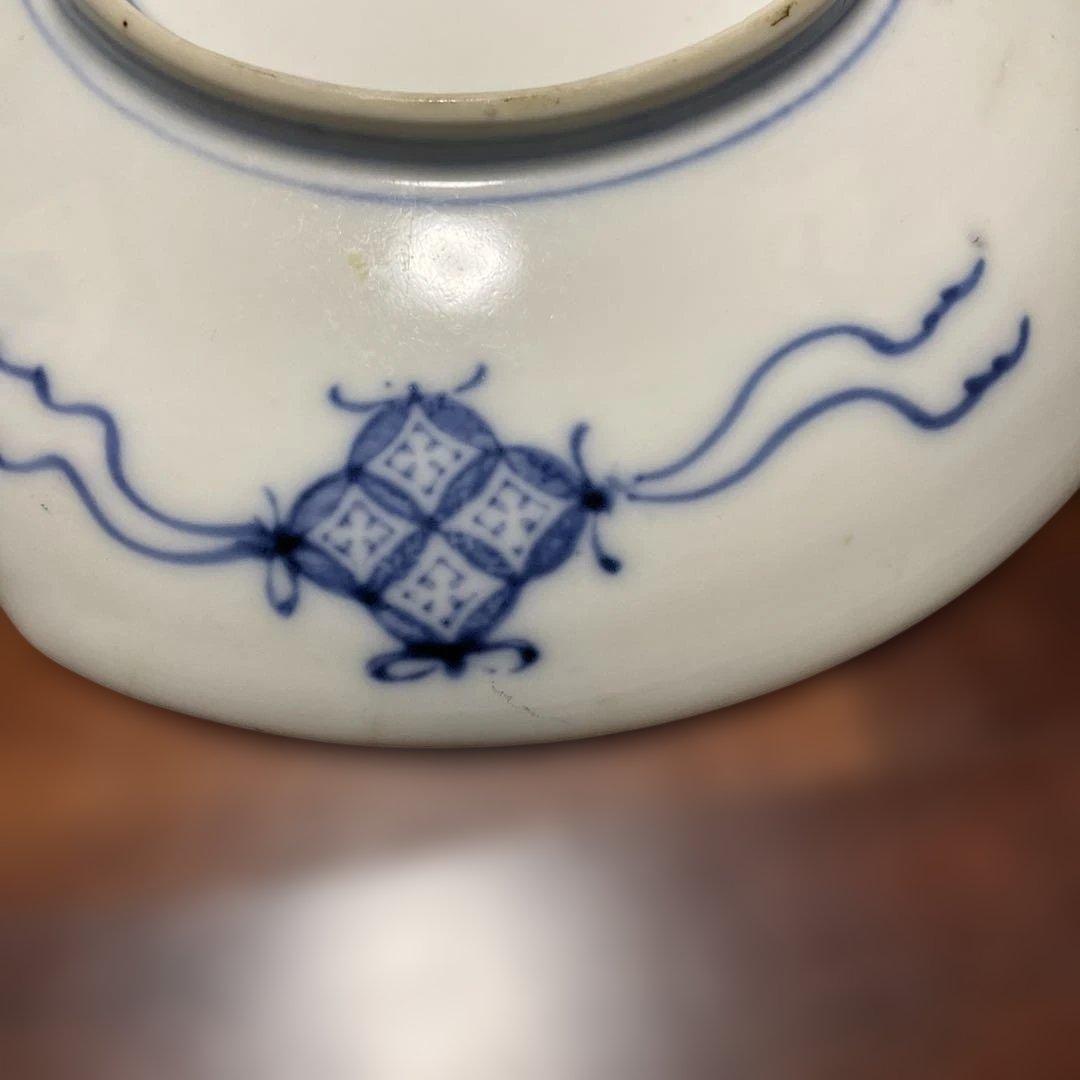 染付、鳥と植物の陶磁器丸皿,戦前、嘉祥製