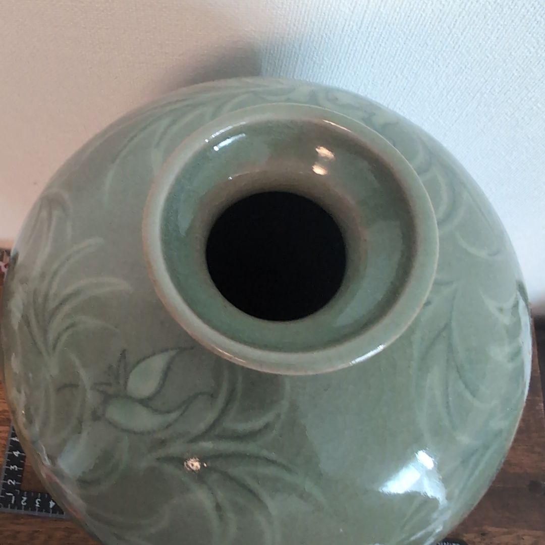 高麗青磁　白黒象嵌　朝鮮美術　梅瓶　骨董　陶芸　陶磁器　33.5cm高程