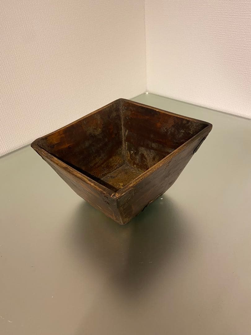中国 古木製四角器 金属角付 湖心亭取扱 古民具