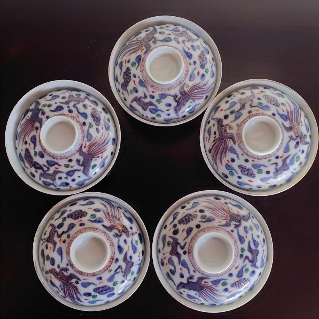 九谷焼　錦絵 金彩 蓋付き茶碗 飯茶碗 茶碗 5客 鳳凰 アンティーク 冬 春