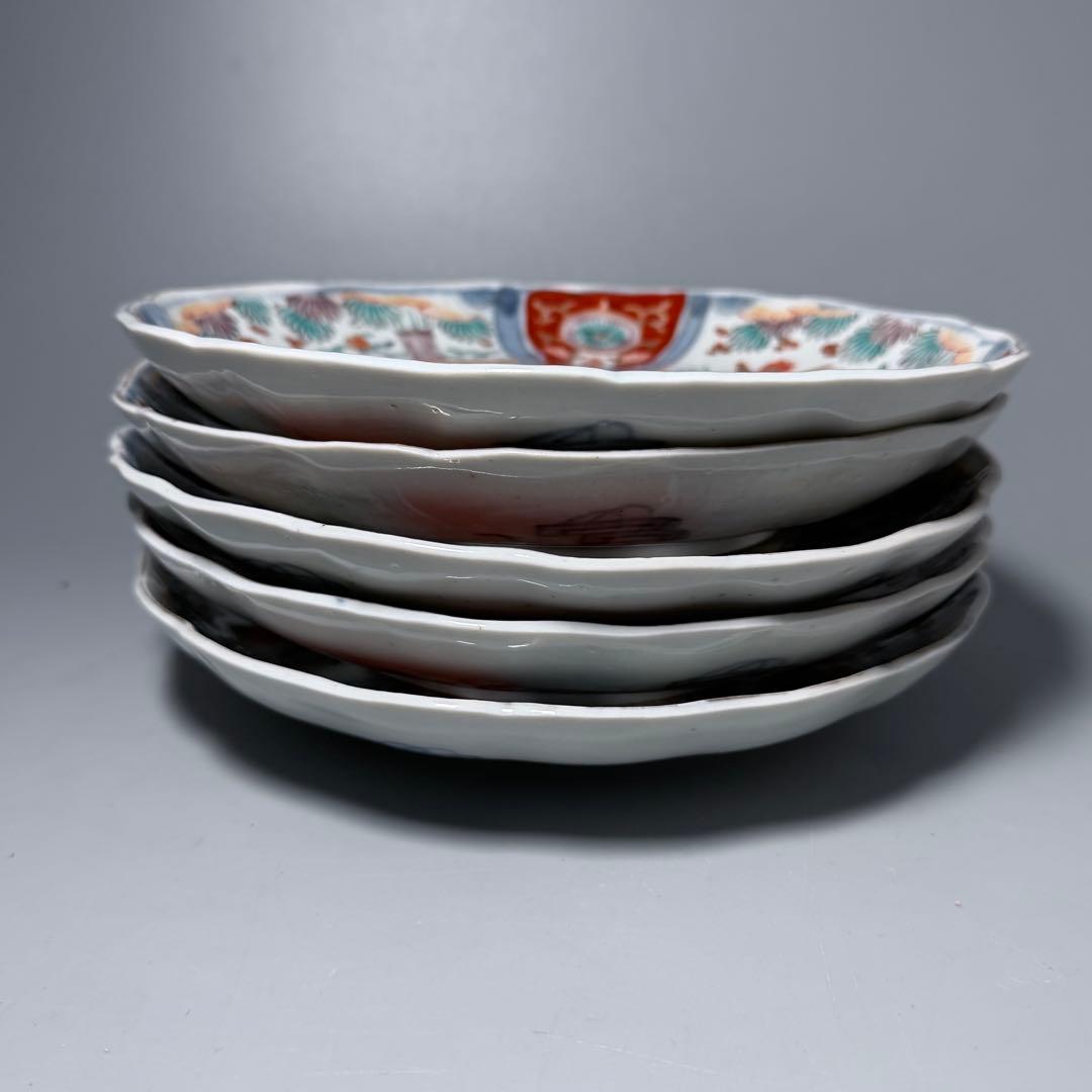 古伊万里　色絵花鳥図輪花形七寸皿　5枚　松竹梅　裏巻物文様　金蘭手　赤絵　江戸期