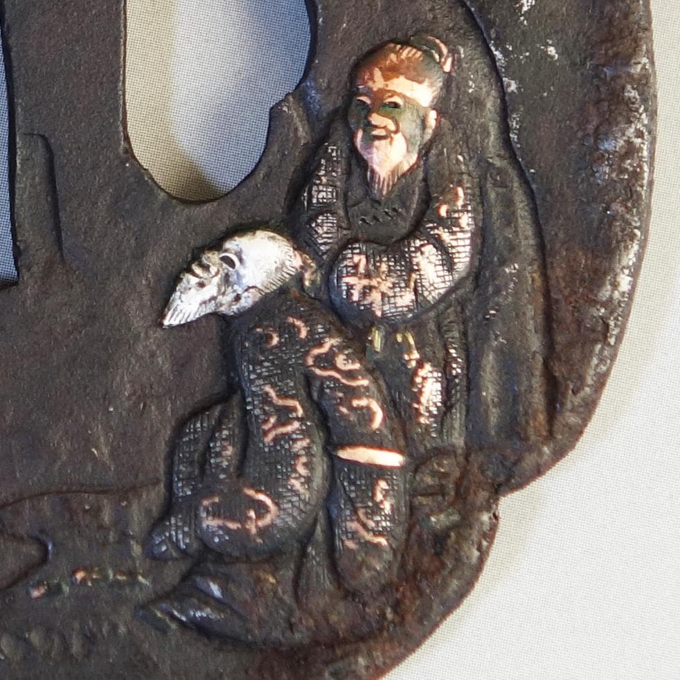 【賢人松下談義図鍔 銀銅象嵌】 鍔 鐔 鉄地 刀装具 日本刀 武具 江戸 骨董