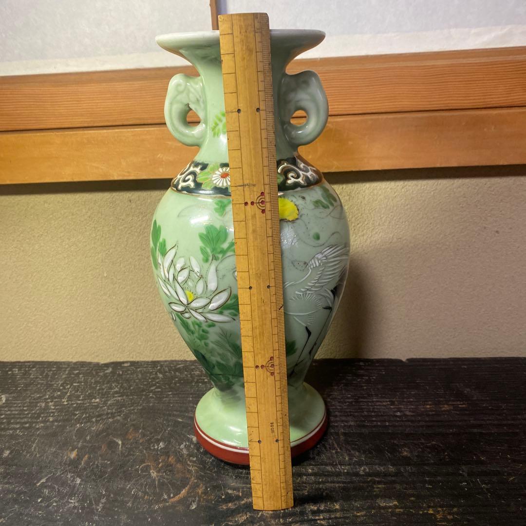 龍耳付色絵青磁花瓶　【作名有】