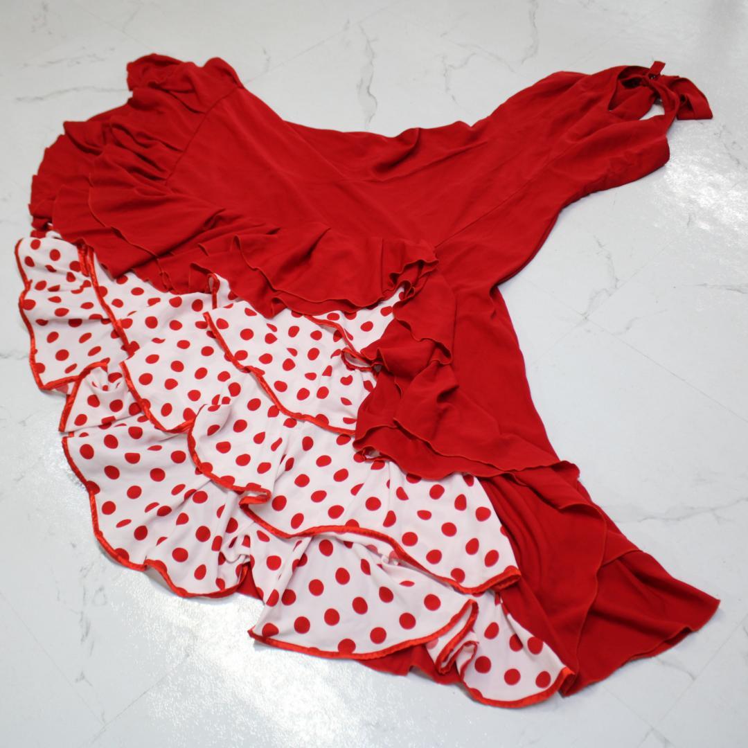 【美品 フラメンコ衣装】レッド×豪華ボランテ ワンピース ドレス 水玉 ドット