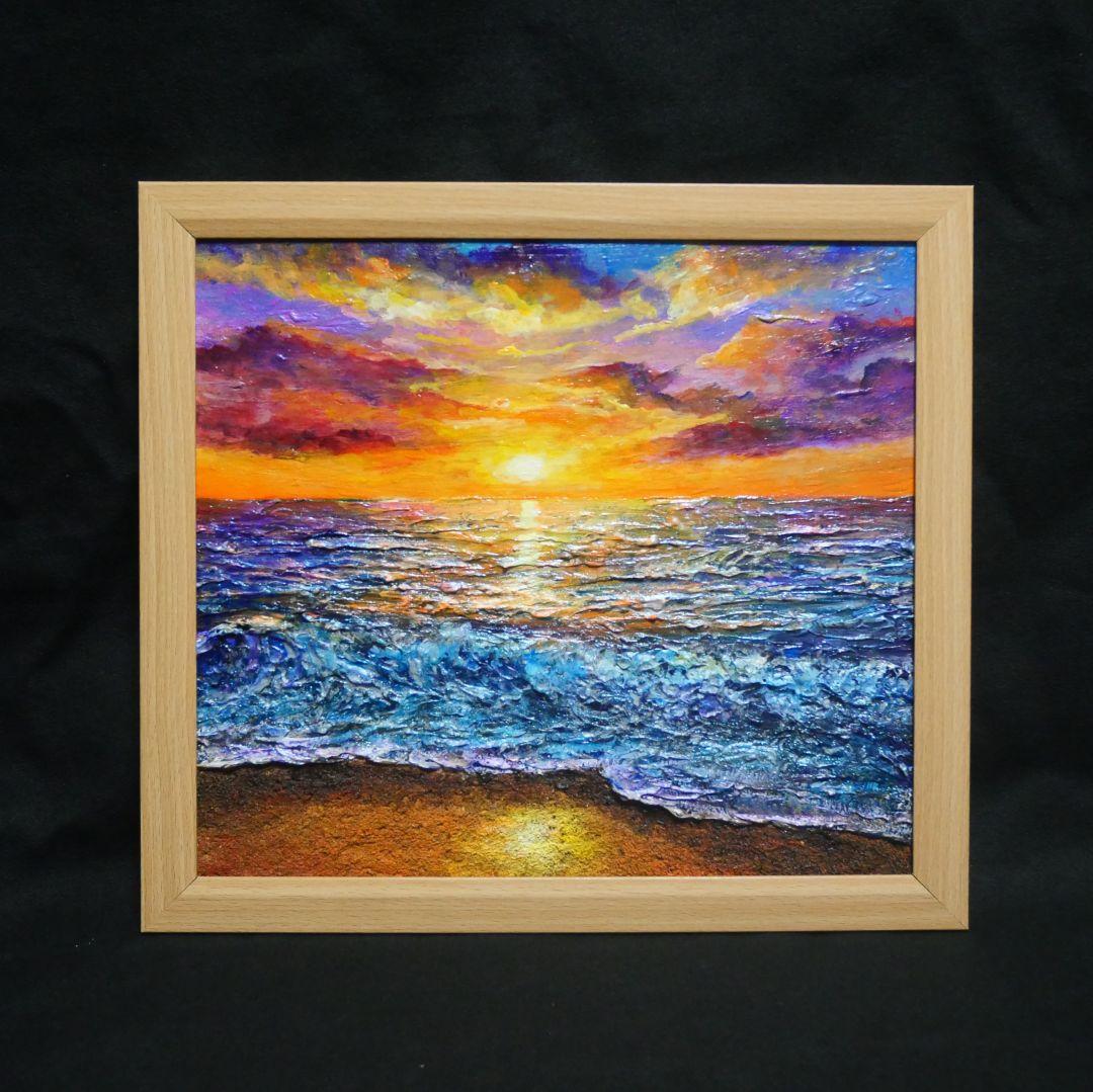 油絵 油彩 油彩画 絵 絵画 【水平線に沈む夕日】