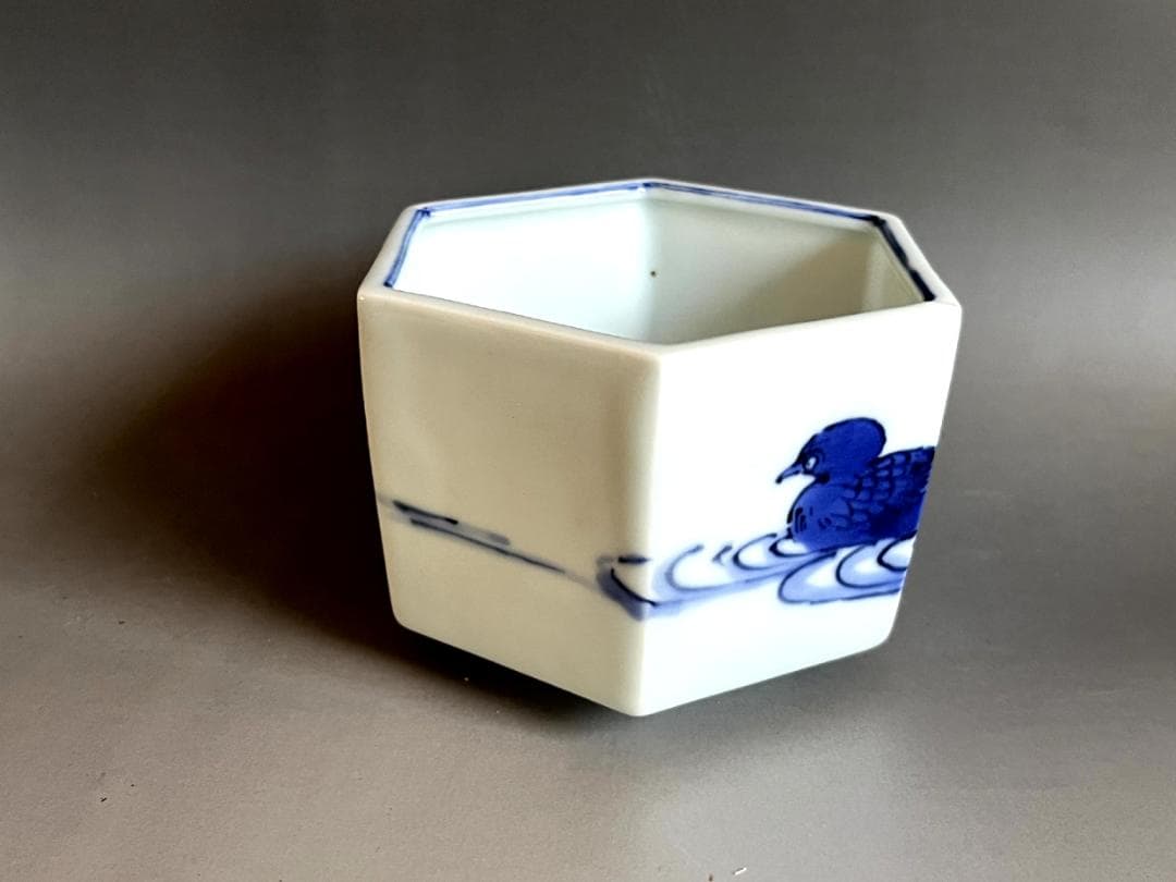 鉢■染付鴨図六角鉢 浮き草 水辺 青華 江戸後期 古美術 時代物 骨董品■