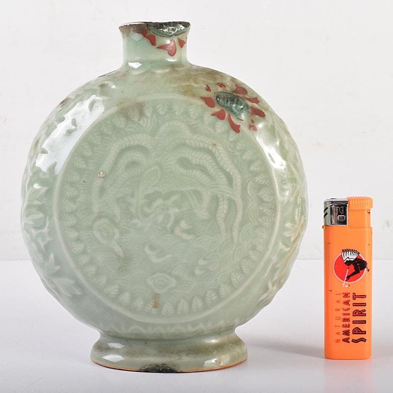 中国　龍泉窯　青磁　陽刻　龍鳳凰花文　扁壷　V　R7826