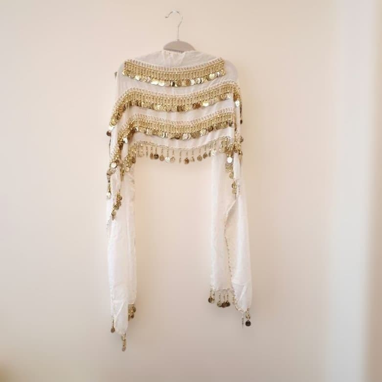 エジプト製 ベリーダンス長方形ヒップスカーフ 白×ゴールド