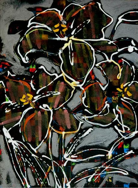 油絵 菅家令子 絵画インテリア額付(青緑＋金色の枠) F4-090416 花ゆり