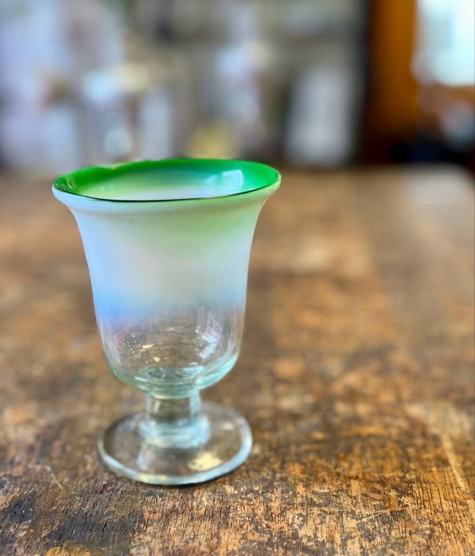 大正ロマン　筒型氷コップ　乳白縁緑　ウランガラス　和ガラス　アンティーク　古道具