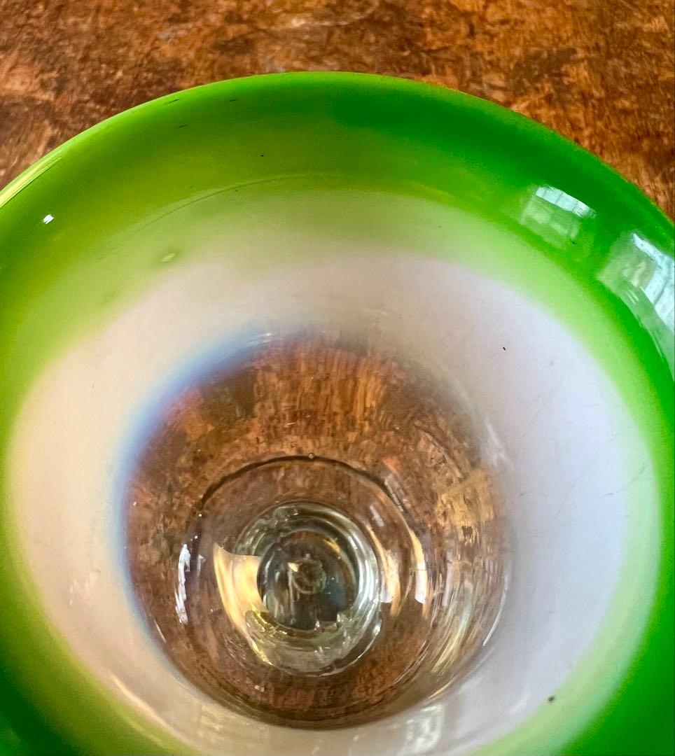 大正ロマン　筒型氷コップ　乳白縁緑　ウランガラス　和ガラス　アンティーク　古道具