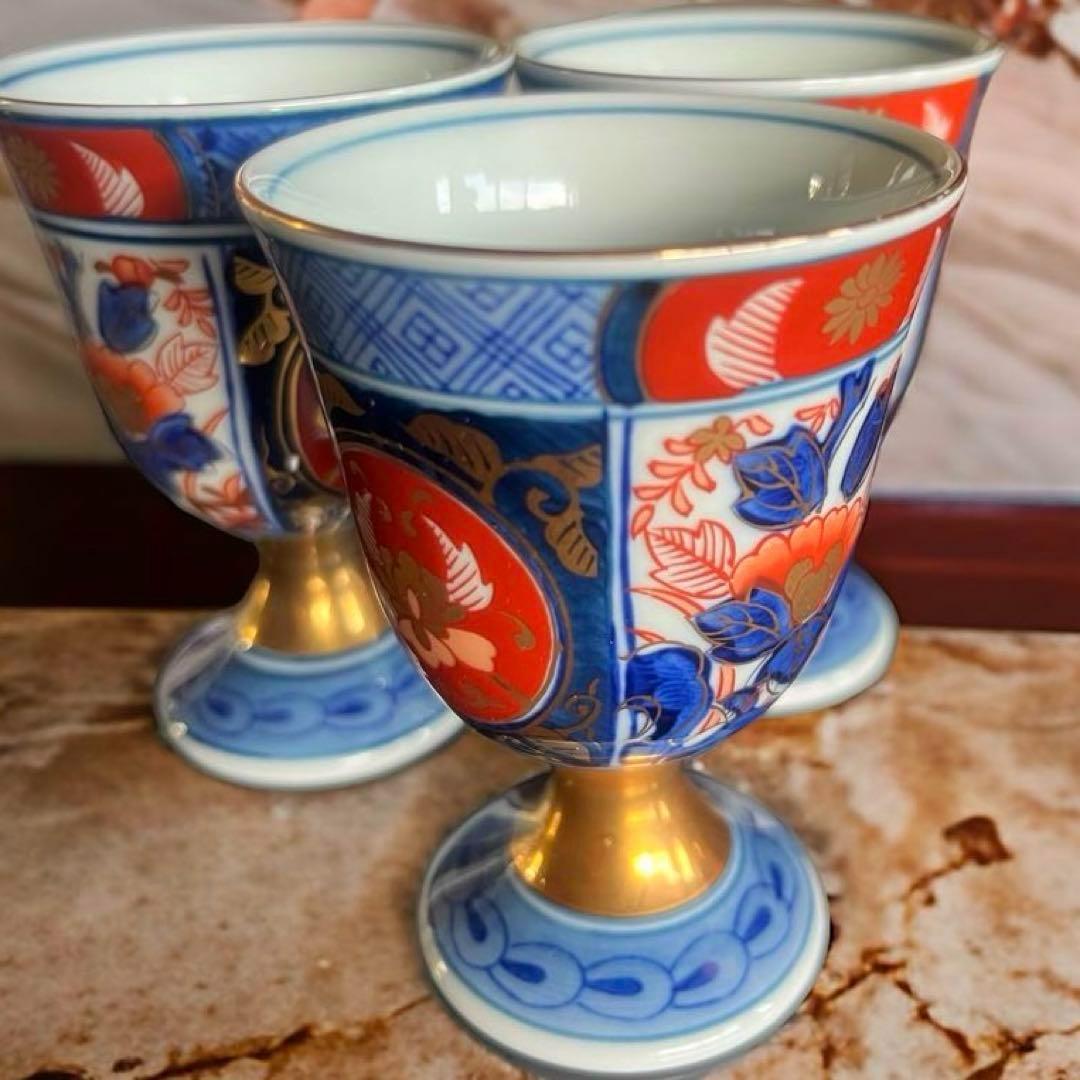 【美品】アンティーク 骨董 古伊万里 猪口 色絵付け／3客 カラフル 花