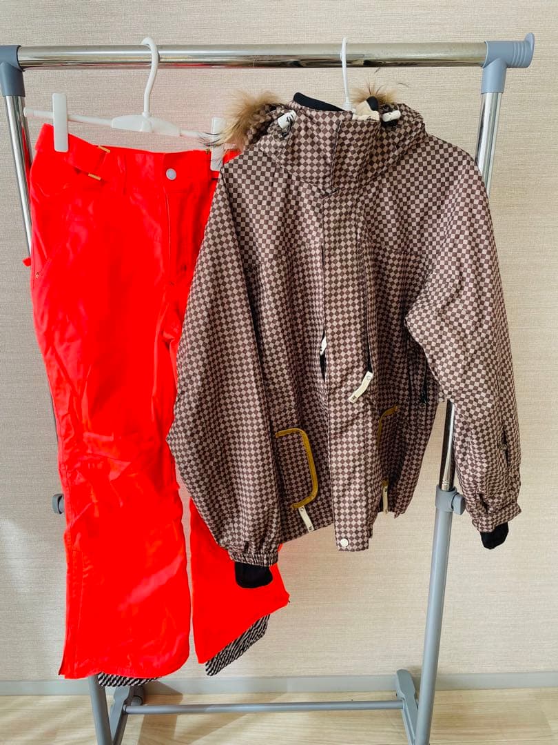 SISTA.J スノボウェア　上下セット　ブラウンチェック×ネオンピンク　S