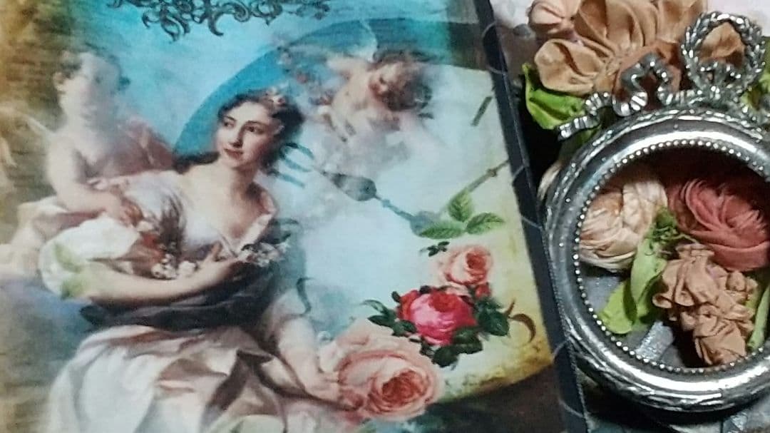 ❀フランスアンティーク　美しい リボントップ ミニ フォトフレーム♪布・カード付