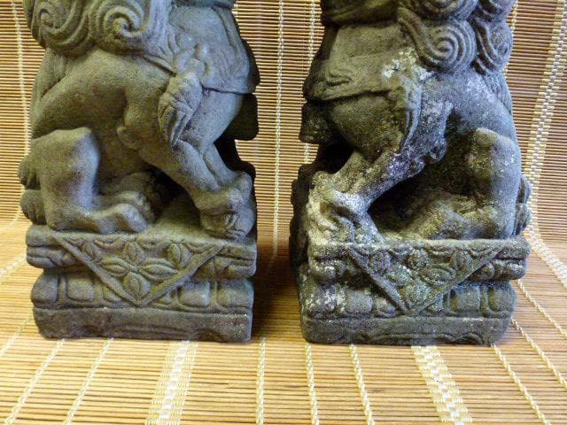 時代　石像　狛犬　一対　石彫　彫刻　縁起物　骨董　1尺　苔