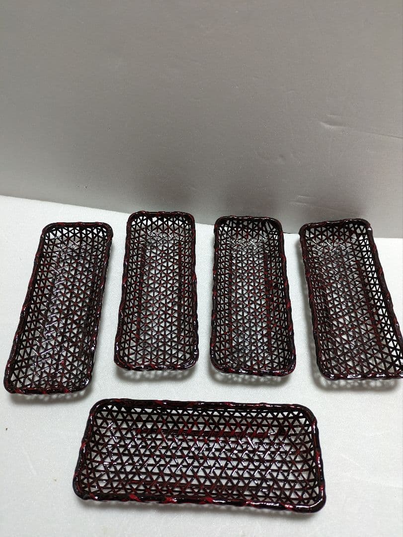 籃胎漆器　お盆　果物籠/菓子器　茶托　5枚　おしぼり受け　5個　計12点