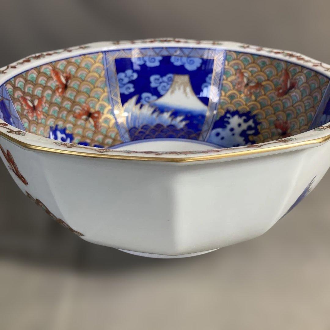 【古伊万里文】古伊万里の伝統　日本の名窯　染錦六方割富士波蝶山水絵　十二角大深鉢