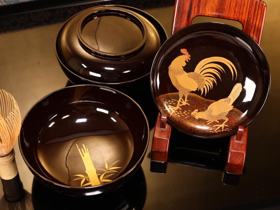 BK414　時代輪島塗　竹鶏図金蒔絵　吸物鶏　二客　木製　茶道具 懐石 会席