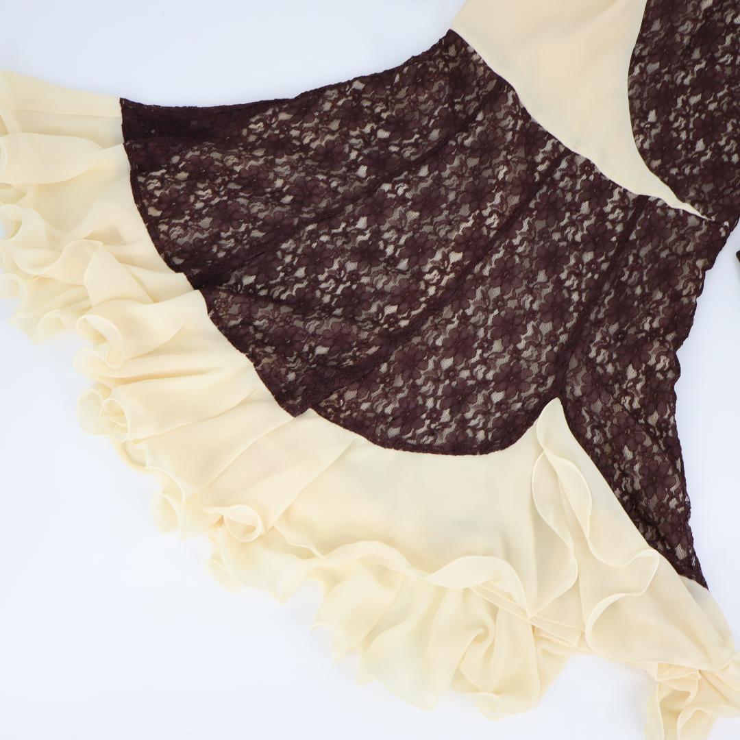 【美品 社交ダンス衣装】ブラウンレース地×クリーム ラテンドレス ストレッチ有