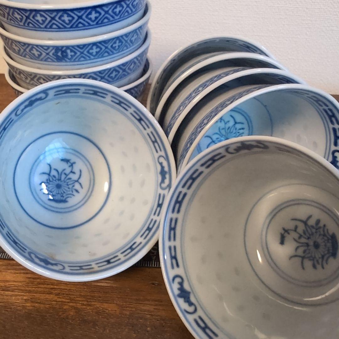 古い景徳鎮銘の蛍焼セット　中国染付　青花　蛍手アンティーク茶器　骨董