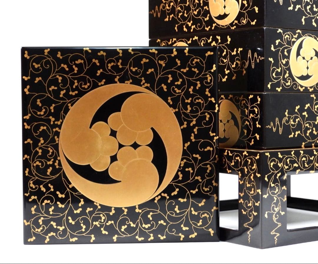 茶道具 輪島塗 上等黒内梨地金蒔絵 五段重 重箱