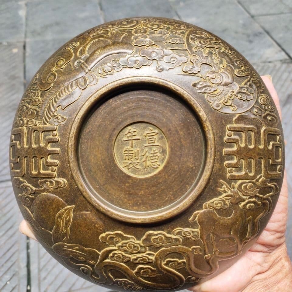 重工 彫刻 祥雲瑞獣 麒麟 大銅盤 銅製品 鎮宅辟邪 開運風水 招財 置物