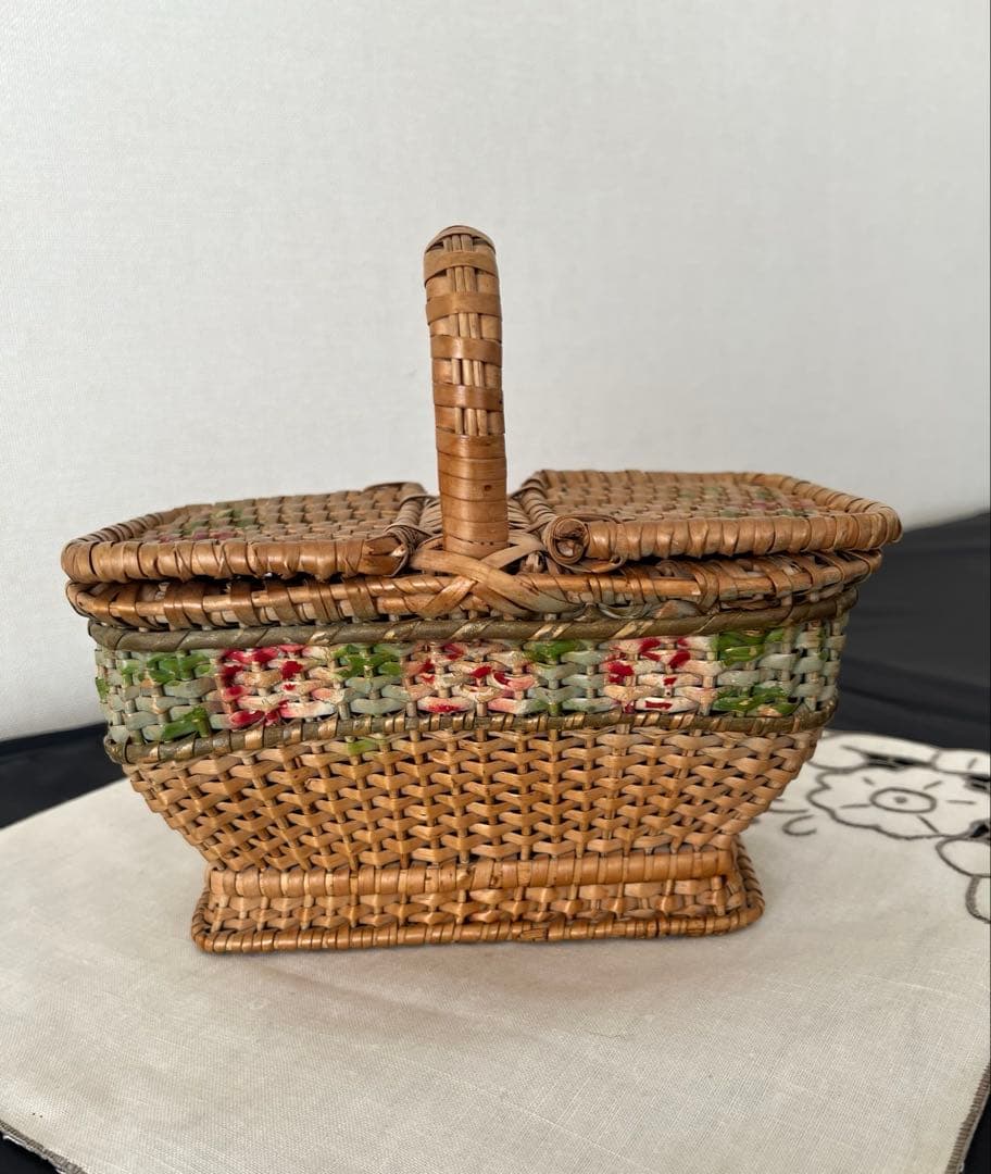 【アンティーク】ローズパニエ　籐バスケット　ローズペイント　フランスアンティーク
