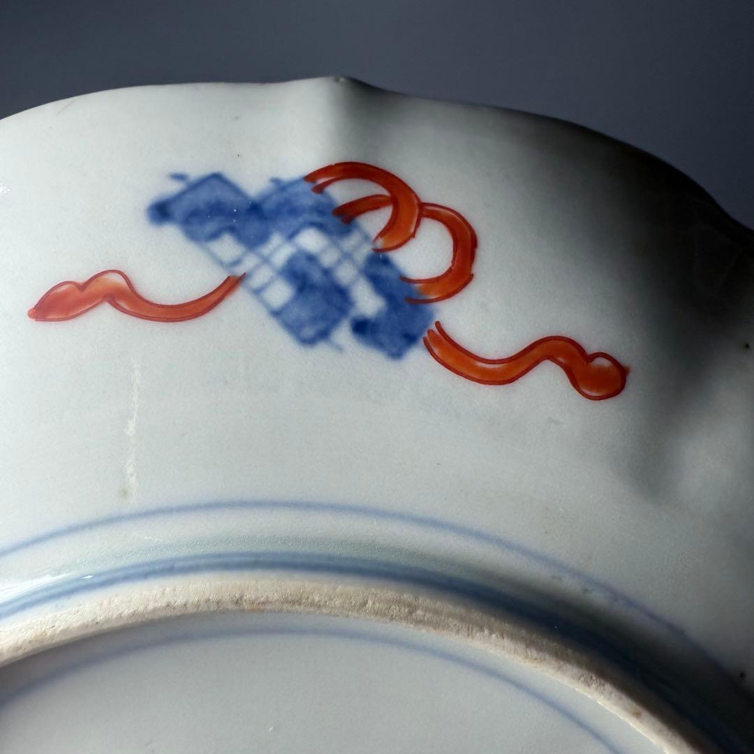 古伊万里　色絵七寸輪花形皿　冨貴長春　円龍　植物　鶴亀　直径21.6cm　江戸期