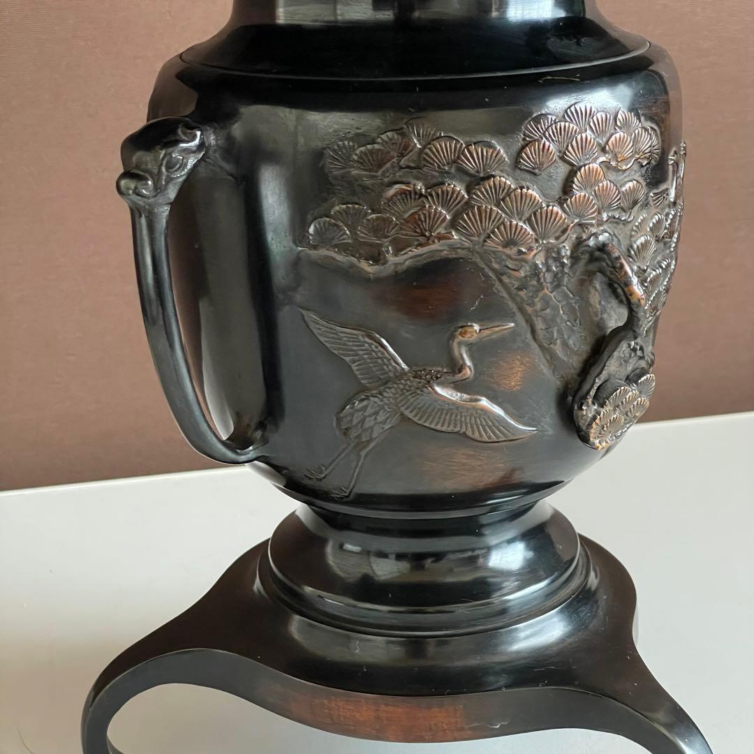 銅花器 薄端 松と鶴 在銘 銅花器 唐銅 茶道具華道具 重さ5.45kg  03