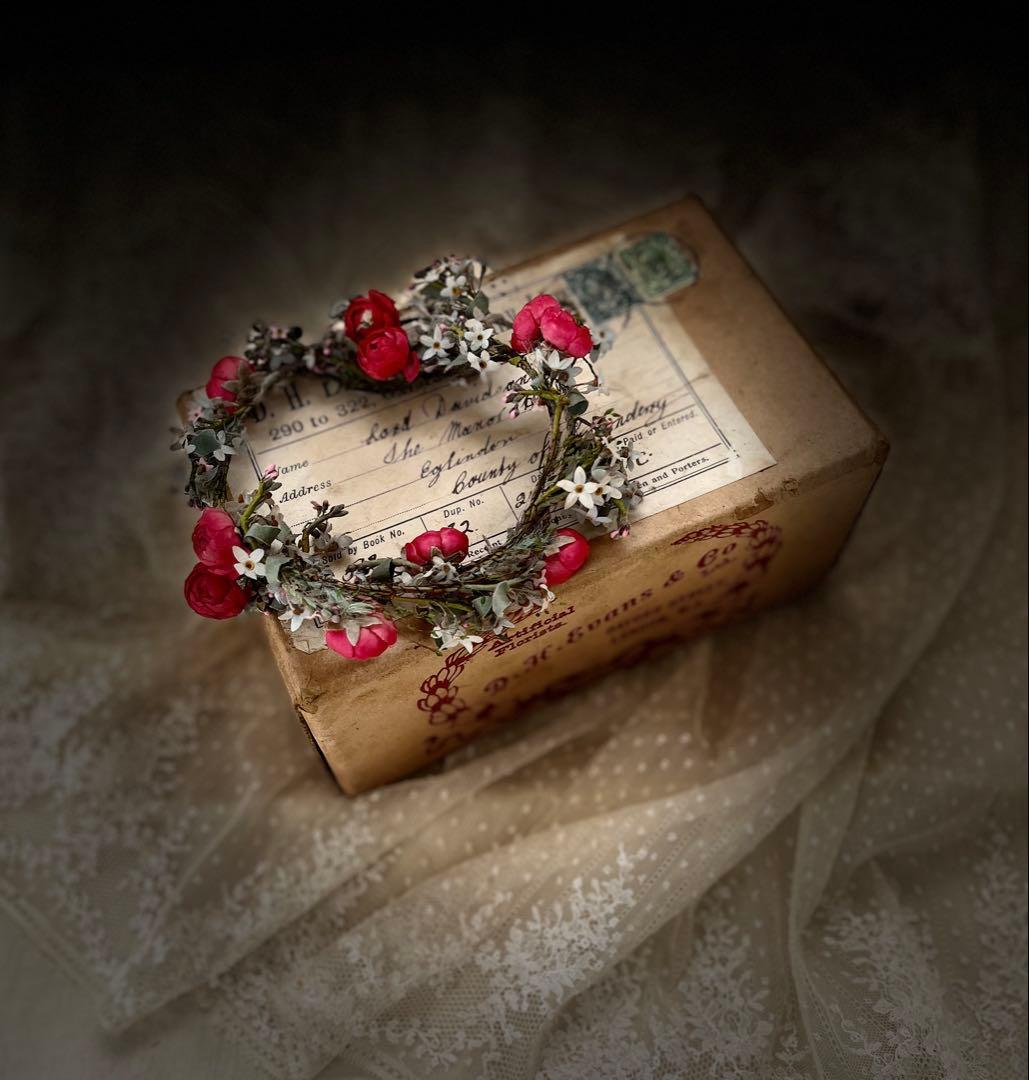 アンティークイギリスウェディング花冠ティアラ布花ガーランド紙箱紙もの