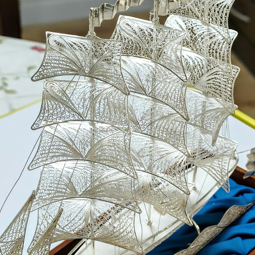 ○5729#0112　SV900 銀線細工 帆船の置物(台座一体型)　0105