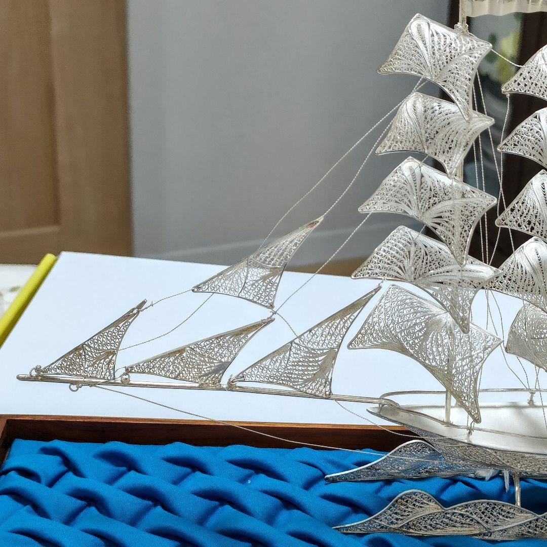 ○5729#0112　SV900 銀線細工 帆船の置物(台座一体型)　0105