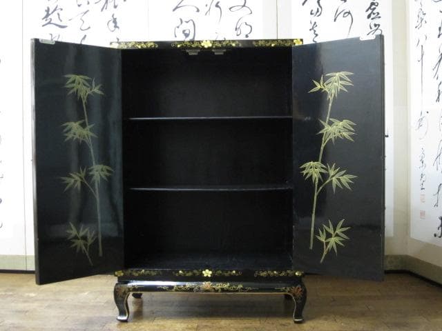 黒漆 中国美術 花鳥図 真鍮金具 茶道具 飾り棚/煎茶棚/キャビネット/書棚