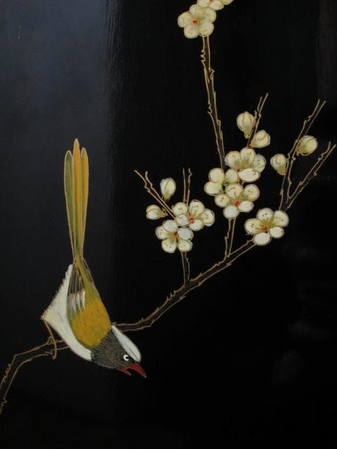 黒漆 中国美術 花鳥図 真鍮金具 茶道具 飾り棚/煎茶棚/キャビネット/書棚