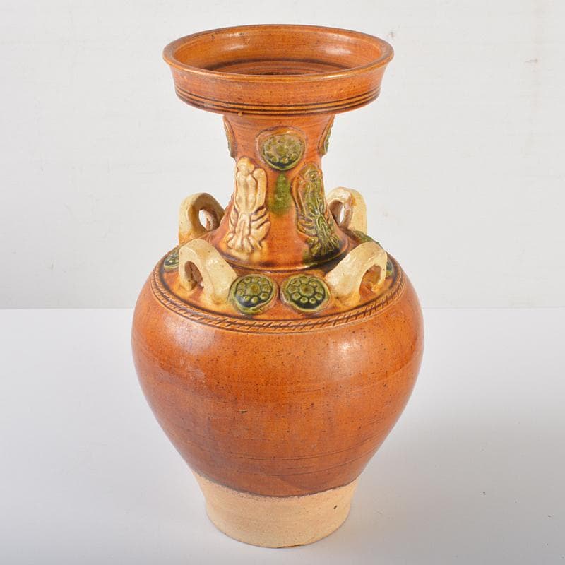 中国　唐三彩　四耳碗口瓶　高さ約29cm　V　R6419B