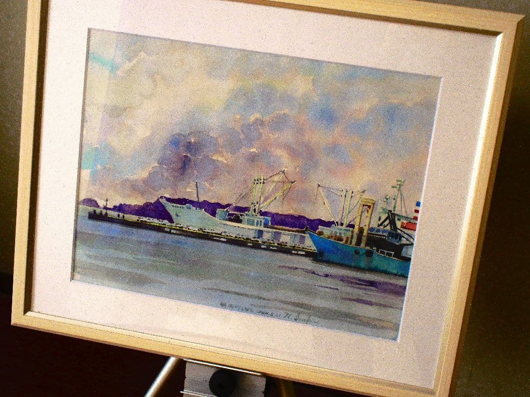 水彩画 港の風景 F6号サイズ 額装済み