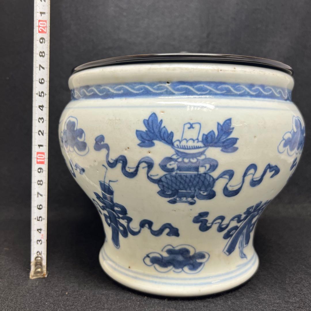 中国清時代青花雲宝文水指木箱付高さ約20.5㎝(蓋込)東な7-1011☆2F