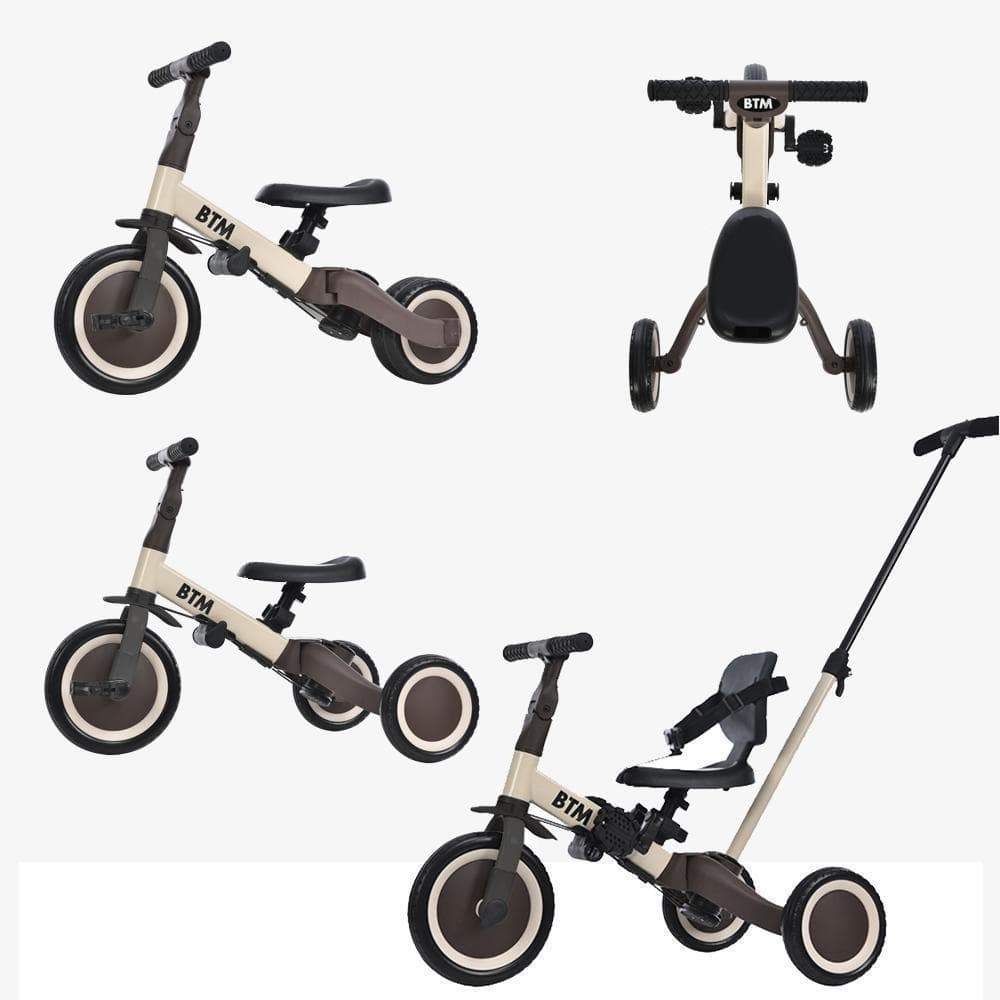 子供用三輪車 4in1 ベージュ×ブラウン 三輪車のりもの押し棒付き 自転車