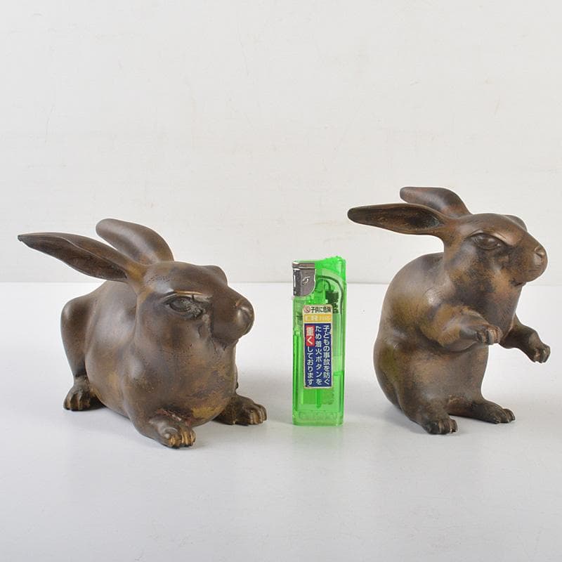 ブロンズ像　古銅　うさぎ　兎　一對　置物　重さ合計約2076g　D　R7486