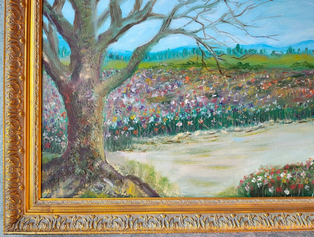 ​【送料込】F50号 装飾約8.5cm幅 豪華額縁＋油彩画 西都原コスモス 大型