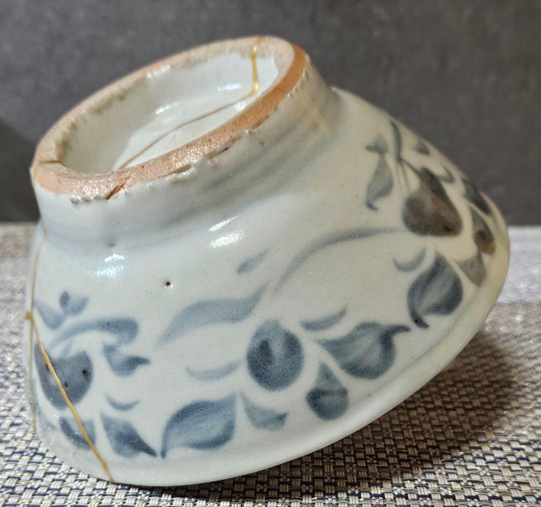 中国古陶磁器　明代 明朝　青華　古染付　 呉須　草花文様　茶碗　茶道具　茶器