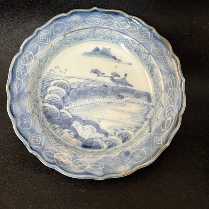 古伊万里　染付　山水文　輪花小皿　5枚